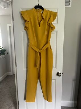 New York & Company Mustard Ruffle Sleeve Jumpsuit with Waist Tie
